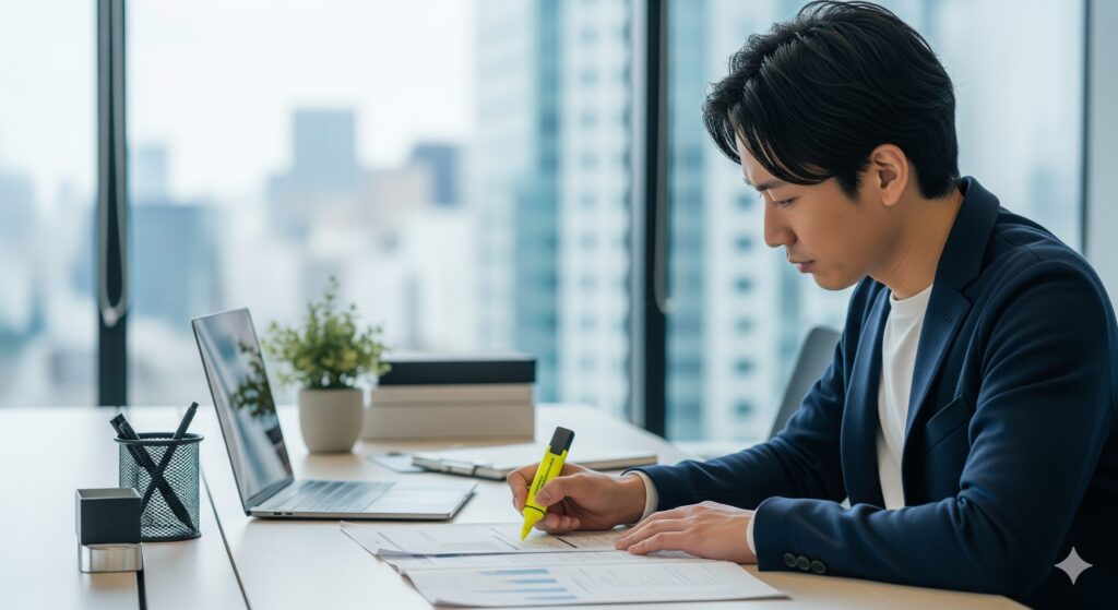 オフィスで日本人男性が資料に重要箇所をマーカーで強調しながら要点を整理している様子のイメージ