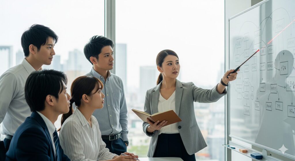 日本人ビジネスチームが会議でホワイトボードを使い、メモ内容を行動計画に落とし込んでいる様子のイメージ