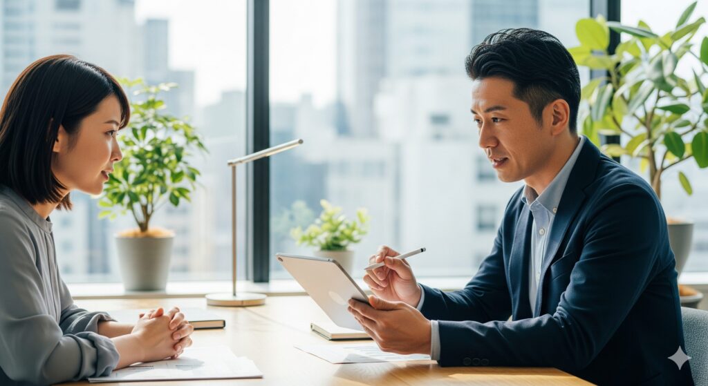 日本人ビジネスマンがタブレットを使いながら同僚と打ち合わせを行い、デジタルツールを活用してメモを共有している様子