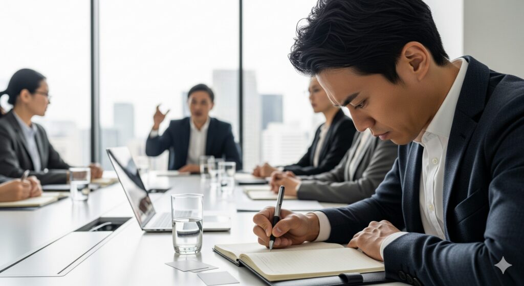 会議中に真剣な表情でノートにメモを書き込む日本人男性社員。周囲では同僚が発言しているが、自身は記録に集中しており依存的な姿勢をイメージさせる。