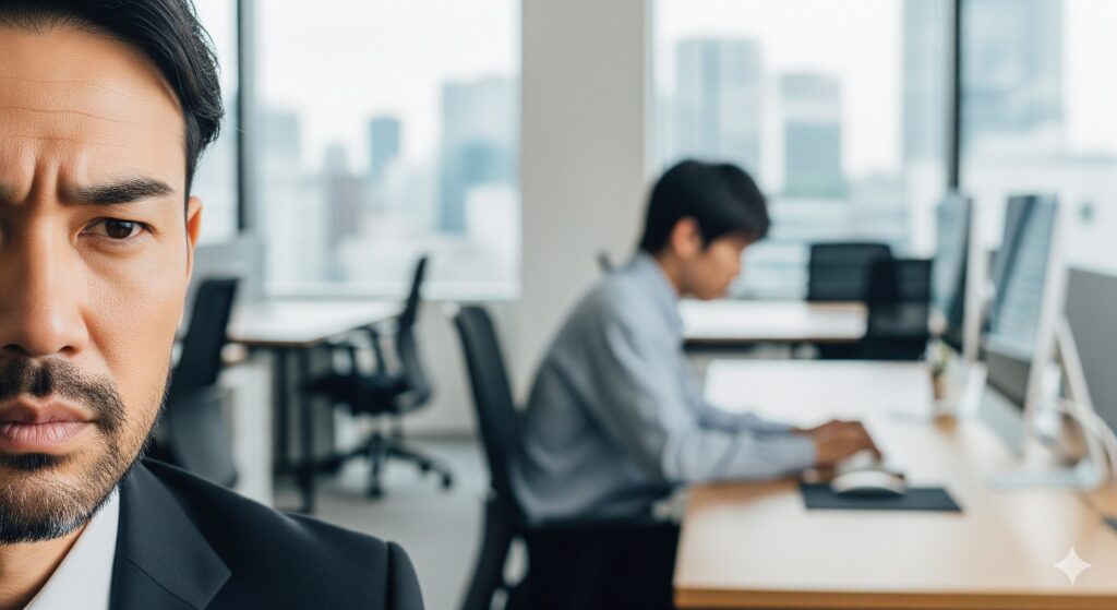 オフィスで若手社員を見守る上司の視点。上司の厳しい表情と、パソコン作業に集中する部下の対比が職場での評価の視点を示すイメージ。