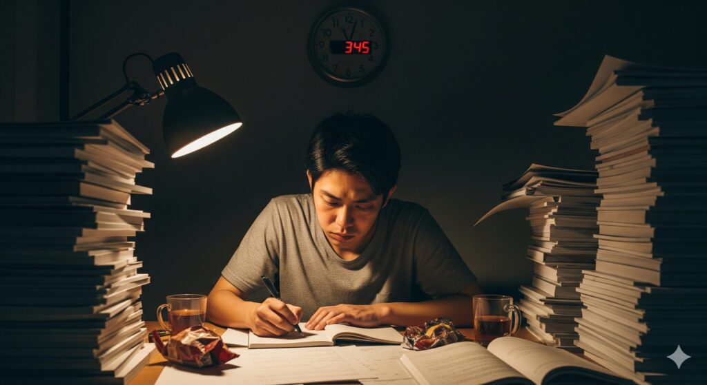 夜更けのオフィスで資料の山に囲まれた日本人男性がノートに書き込み続ける。デスクライトと時計が3時45分を示し、書きすぎで時間を消耗する様子