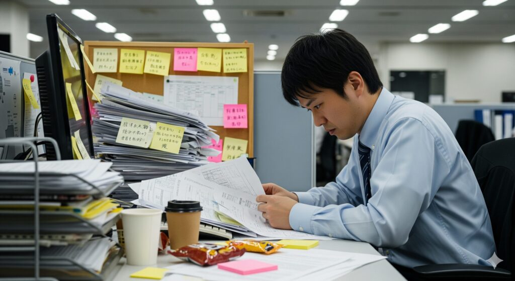 オフィスで大量の書類と付箋に囲まれながらメモや資料整理に集中する日本人の若手社員の様子。記録に没頭する姿が仕事に追われ非効率に見える状況を表現している。