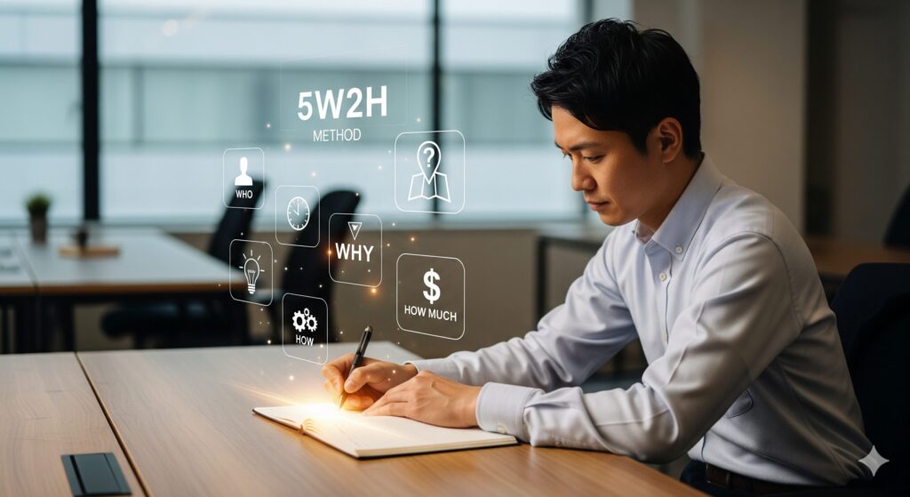5W2Hの要素がホログラム表示されたノートにメモを取る男性
