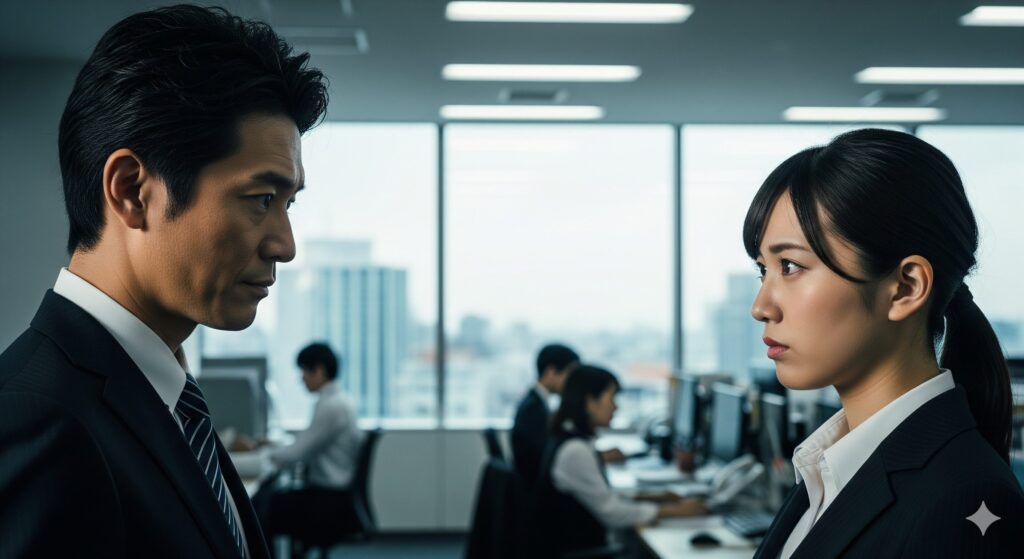 厳しい表情の上司から評価を受ける新入社員