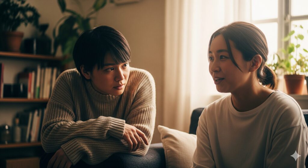相手の話を真剣に聞き、共感を示そうと熱心な表情で耳を傾ける人
