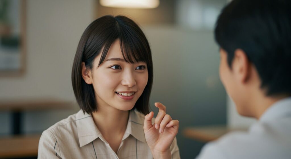 相手の話にうなずきながら微笑む日本人女性