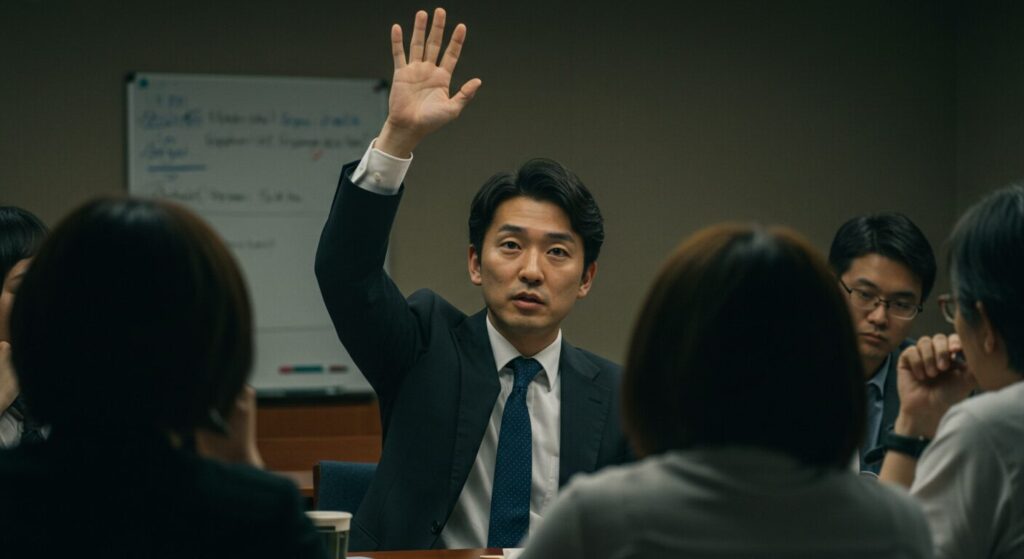 会議で積極的に質問する日本人男性の姿。知的なやり取りを象徴。