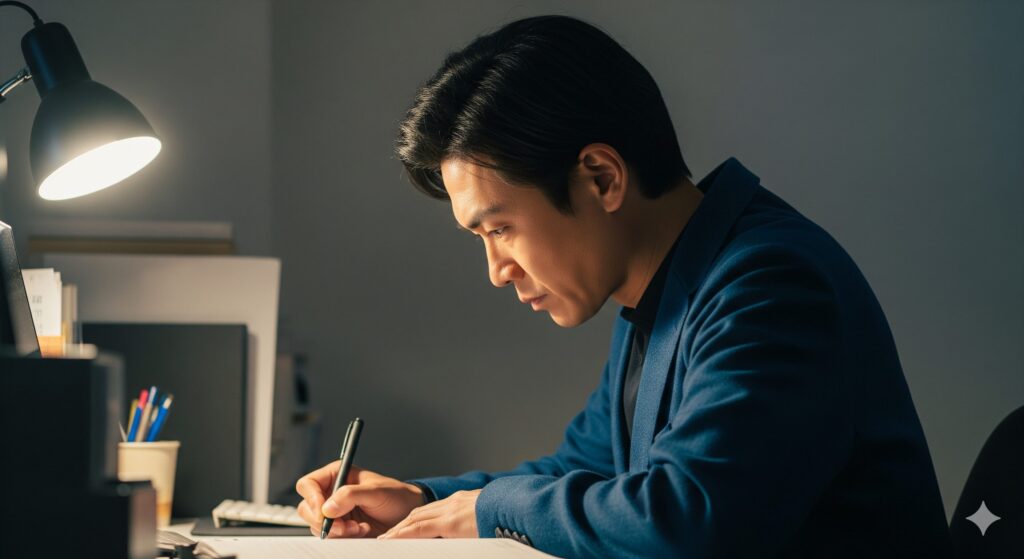 デスクで集中して作業に取り組む男性