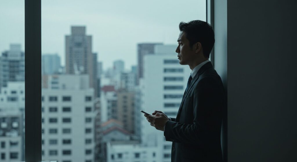 オフィスで窓の外を眺め、孤独や自信のなさを感じさせる日本人男性