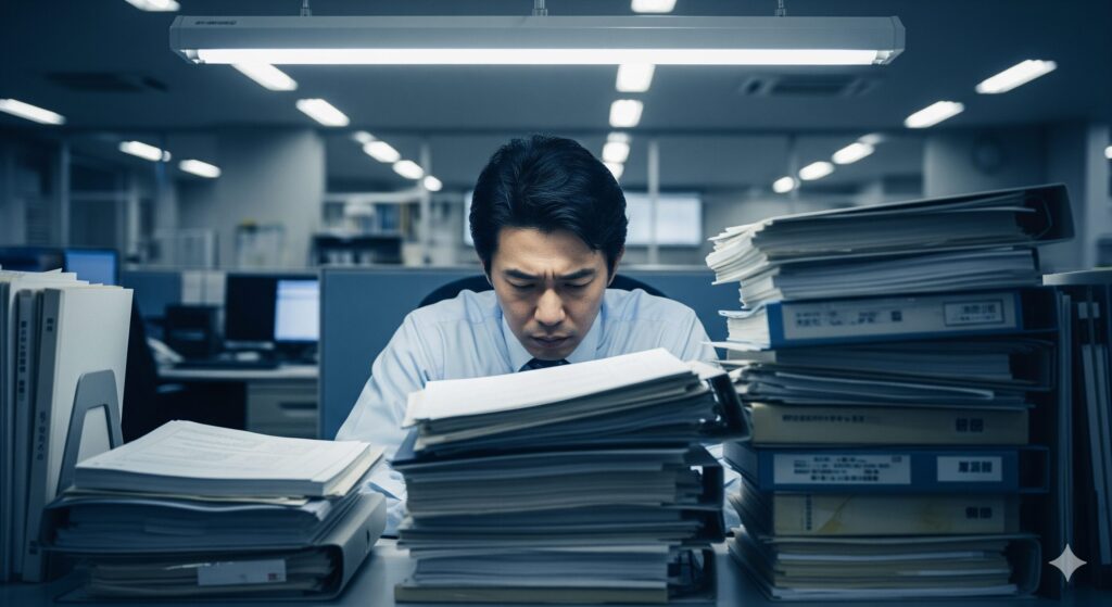 仕事で度重なる説明の負担を表す、書類の山に囲まれてうんざりしている日本人男性