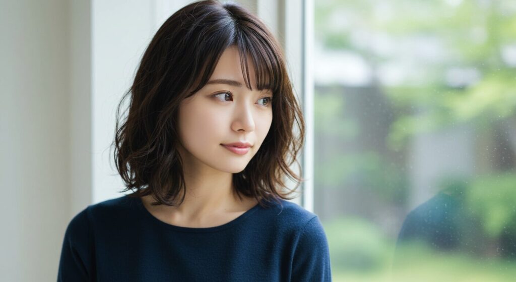 窓辺で静かに外を見つめる日本人女性の落ち着いた表情