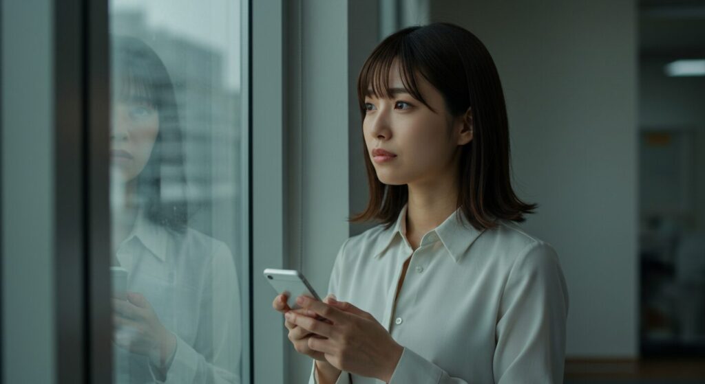 窓の外を見ながらスマートフォンを手にし、最終手段として異動や転職といったキャリアチェンジを検討している日本人女性