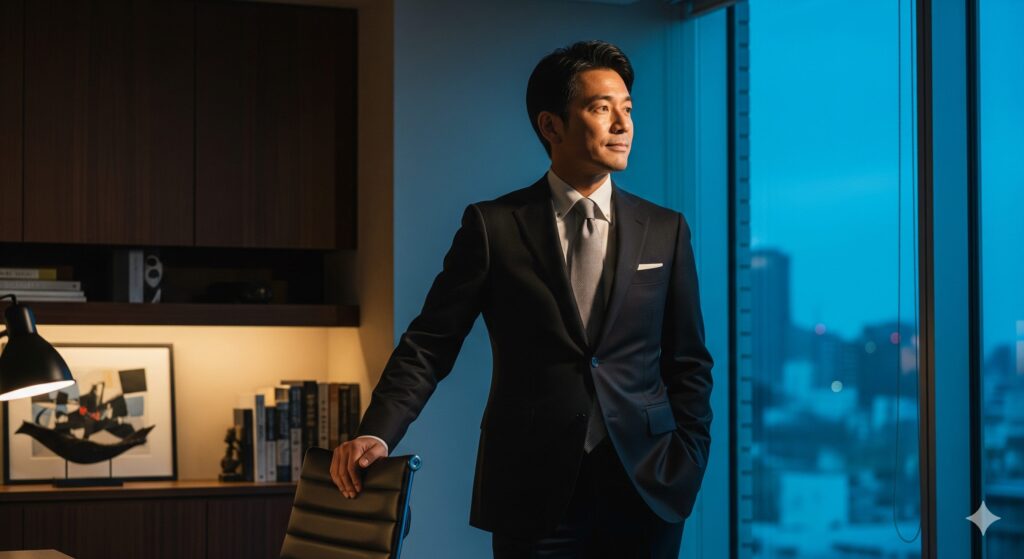 会社のオフィスで未来を見据え、自身のキャリアを築く男性