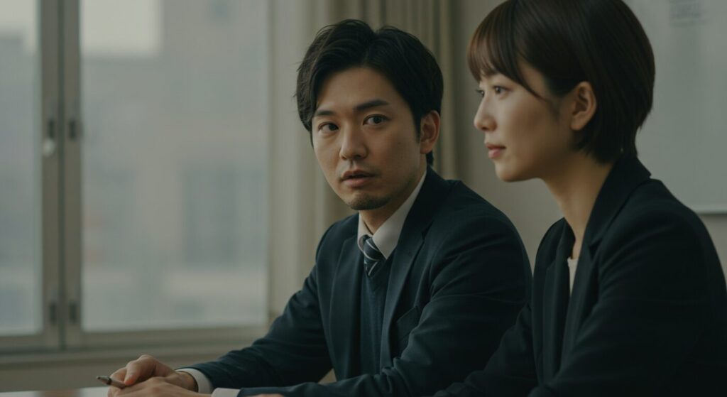 会議で日本人男女が対話している。相手に配慮しながら注意している雰囲気。