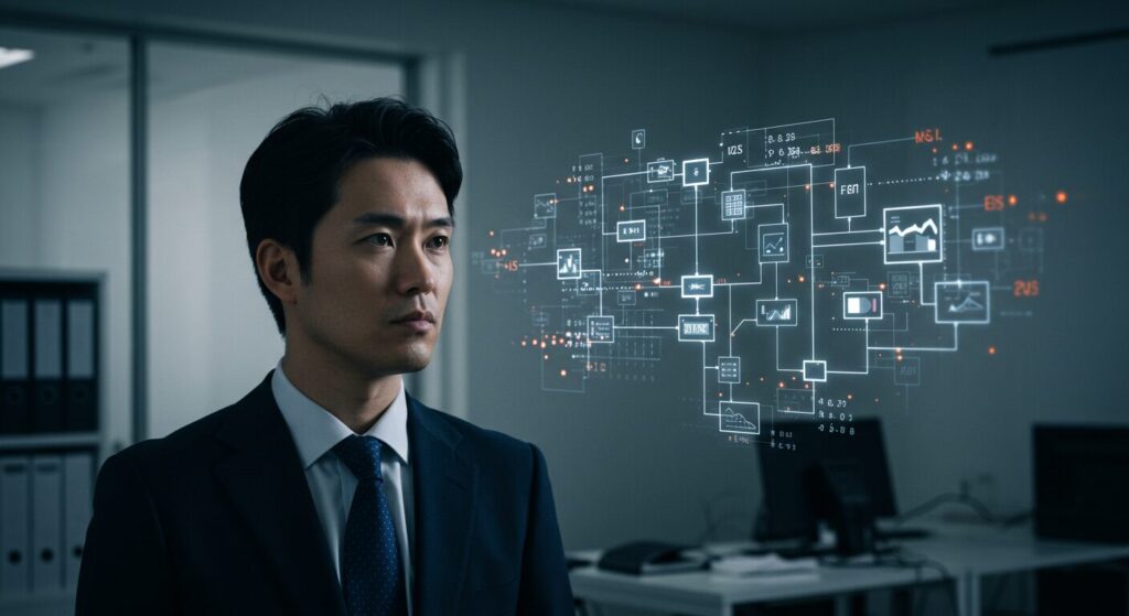 敵に回すと怖い人の特徴である戦略的思考を、日本人ビジネスパーソンと光るフローチャートで象徴的に表現。