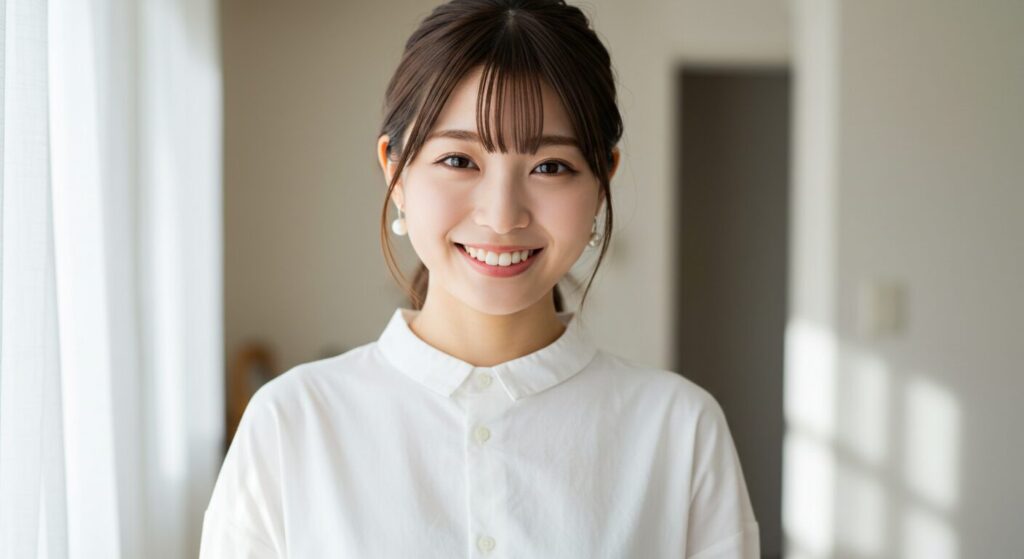 清潔感のある白いシャツを着て爽やかに笑う日本人女性