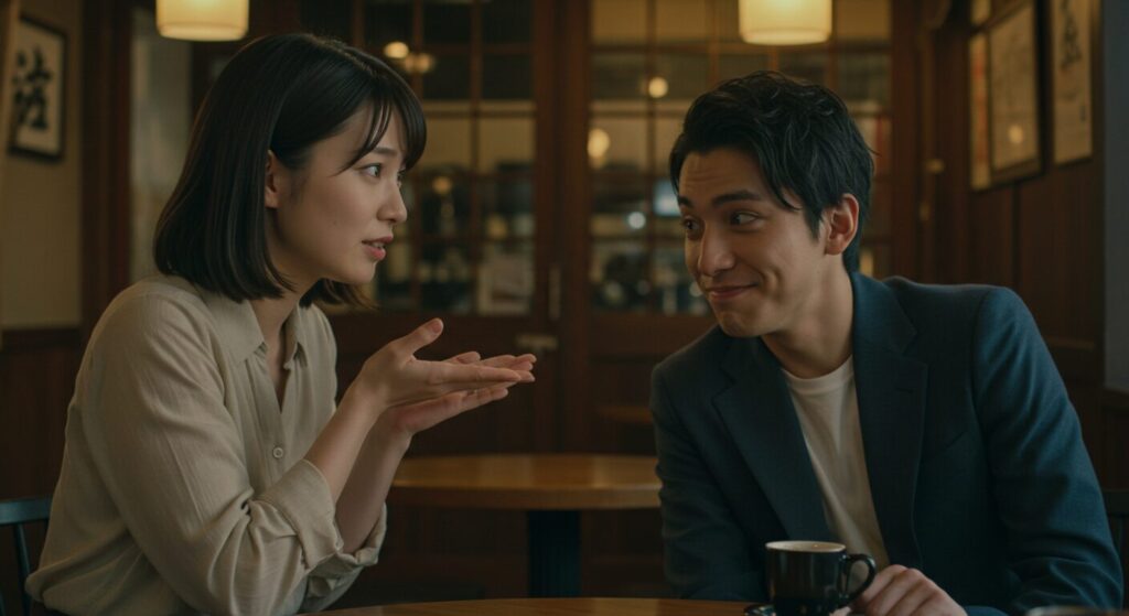 カフェで会話する日本人男女。真剣に説明する女性と天然な反応を見せる男性。