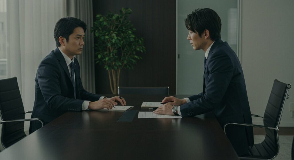 会話が噛み合わず困惑する日本人男性ビジネスマン