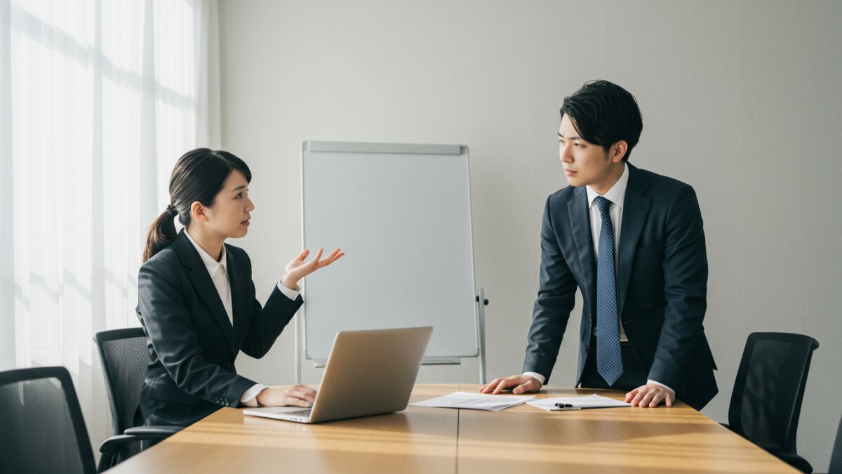 オフィスで意見が噛み合わず困惑する日本人ビジネスマン二人