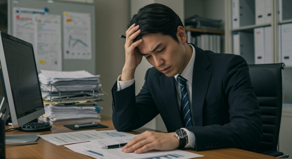 話が理解されず頭を抱え疲労感を示す日本人ビジネスマン