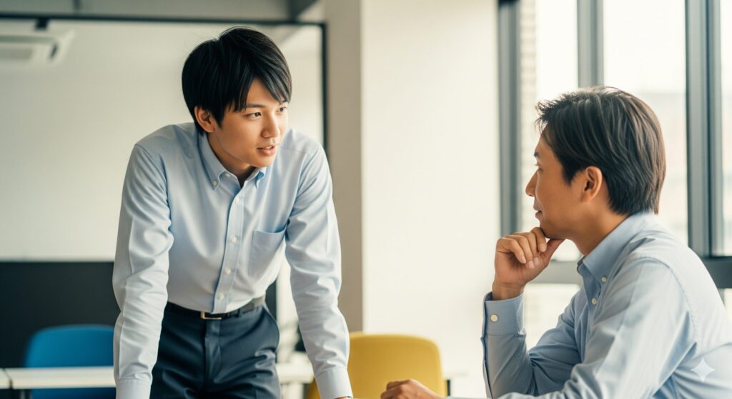 新入社員と上司がリラックスした雰囲気で会話している。報連相と質問を通じた円滑なコミュニケーションを表現。