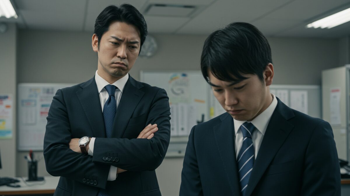 腕を組んで部下を厳しく見つめる上司と、その横でうつむき困惑する部下