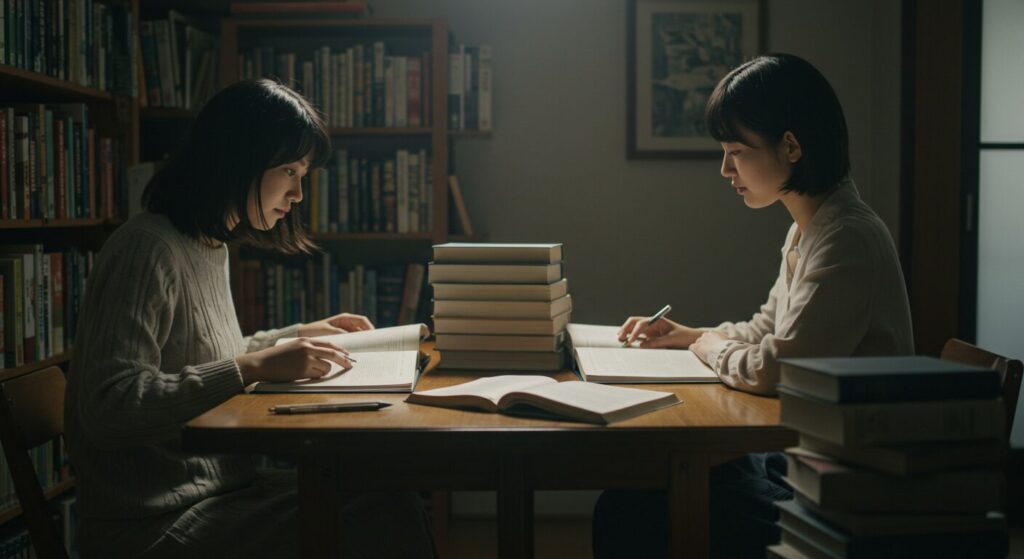 書斎で本を読みながら勉強する日本人女性。未来への成長を感じさせる構図。