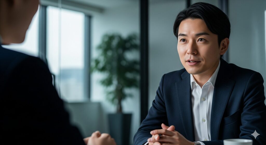 真剣な表情で相手に質問し、会話の主導権を握っているビジネスマン