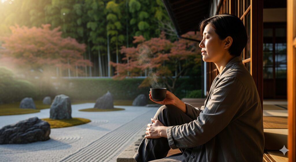 疲れを軽減するための対処法を表す、庭園で目を閉じて瞑想している日本人女性