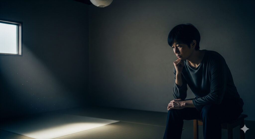 薄暗い部屋で一人、休むことへの罪悪感に沈んでいる男性