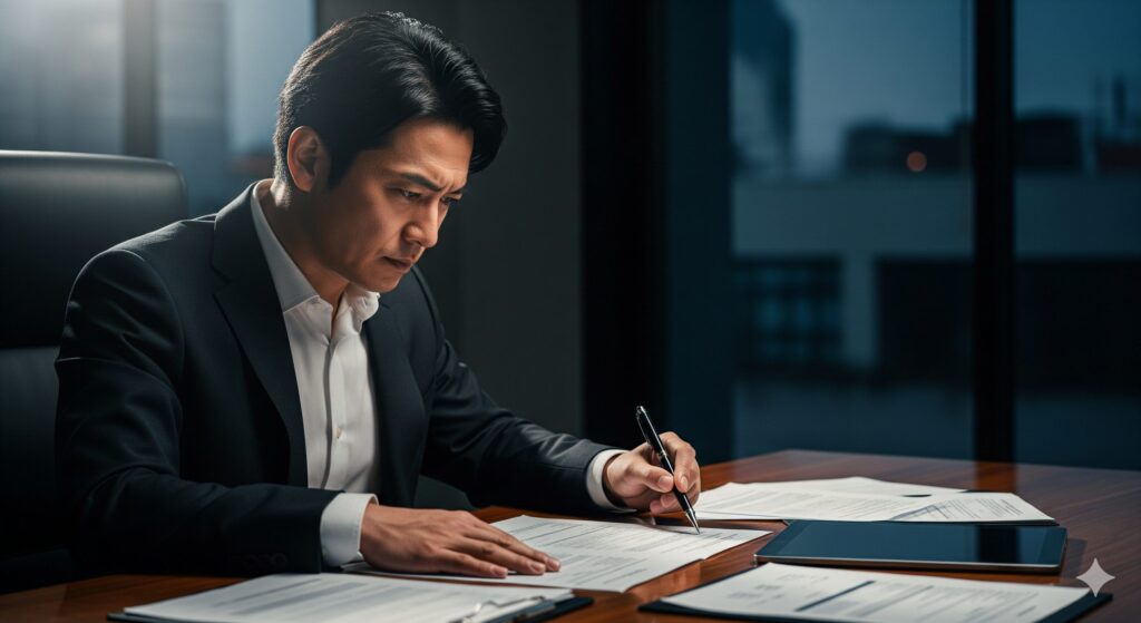 書類に目を通し、決断を下そうとしている男性ビジネスマン
