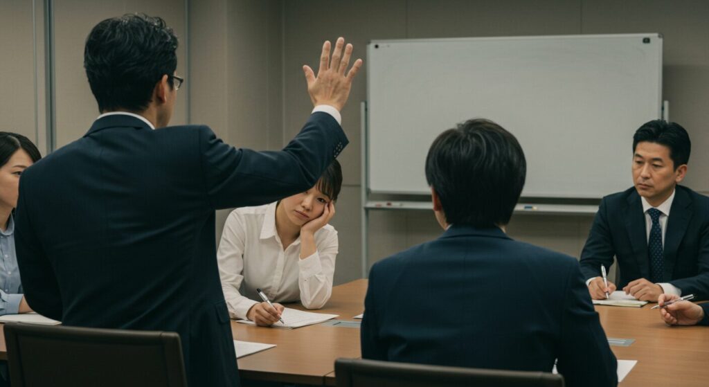 会議中に発言しようとする同僚の話を遮り、無視するような態度をとることで、相手を見下す様子