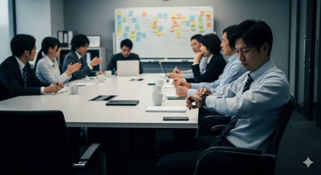 会議中に退屈してこっそり時計を見ているビジネスマン