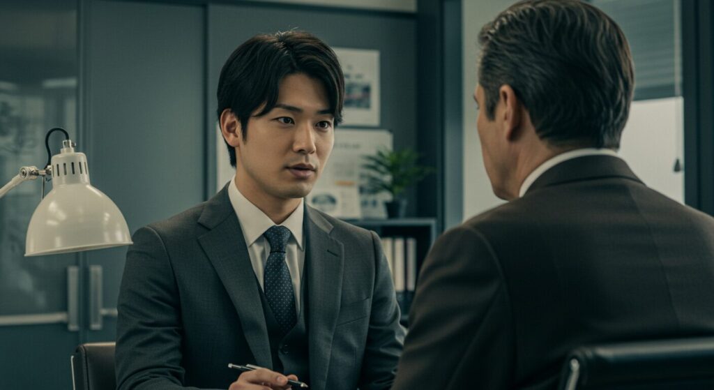 冷静にメモを取りながら上司へ説明する日本人社員