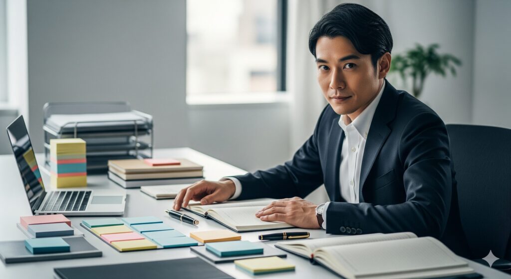 整理されたデスクでメモを取るビジネスマンの様子