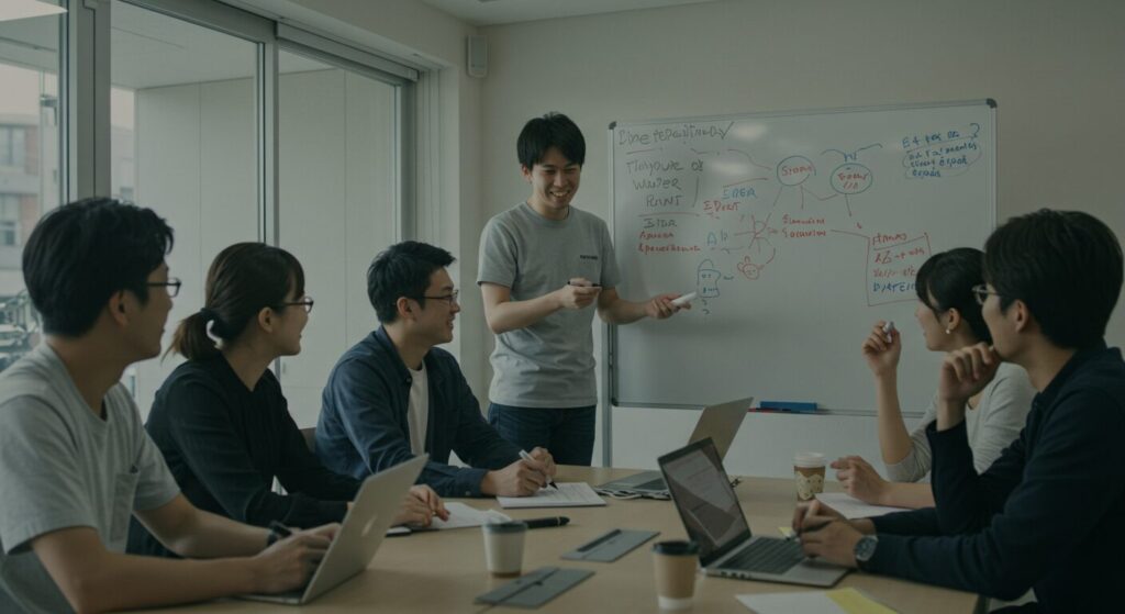 明るい会議室で日本人チームが笑顔でブレインストーミングを行い、円滑な協力関係を築いている。