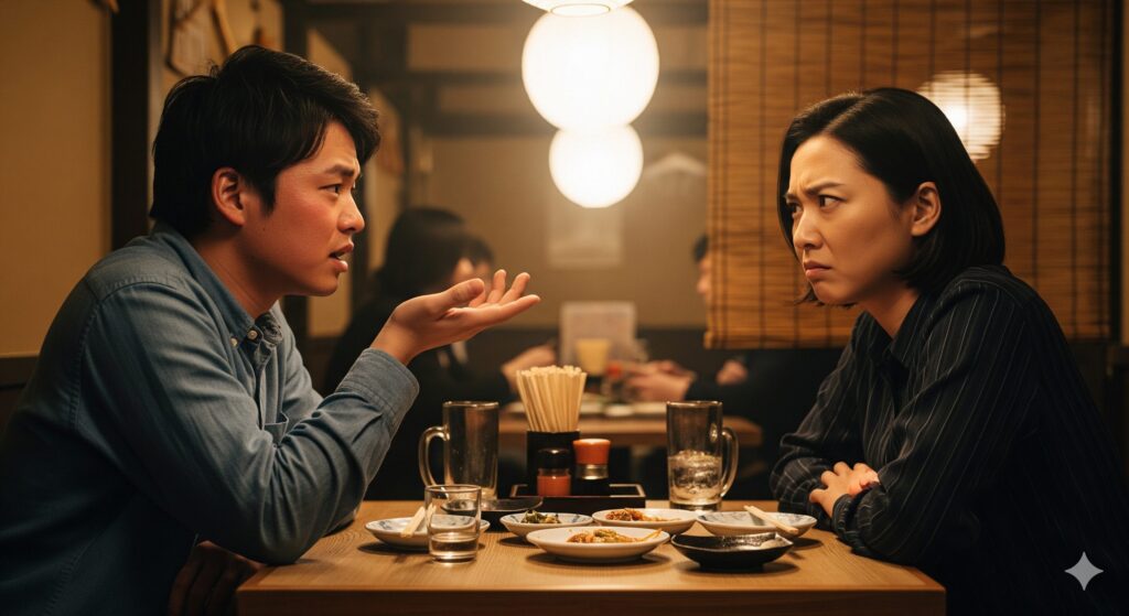 居酒屋で喧嘩になり、険悪な雰囲気で向き合う日本人男女