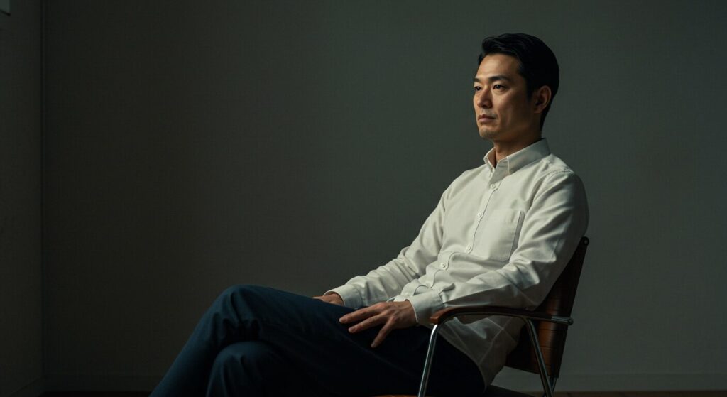 背筋を伸ばして穏やかな表情を見せる日本人男性の姿勢