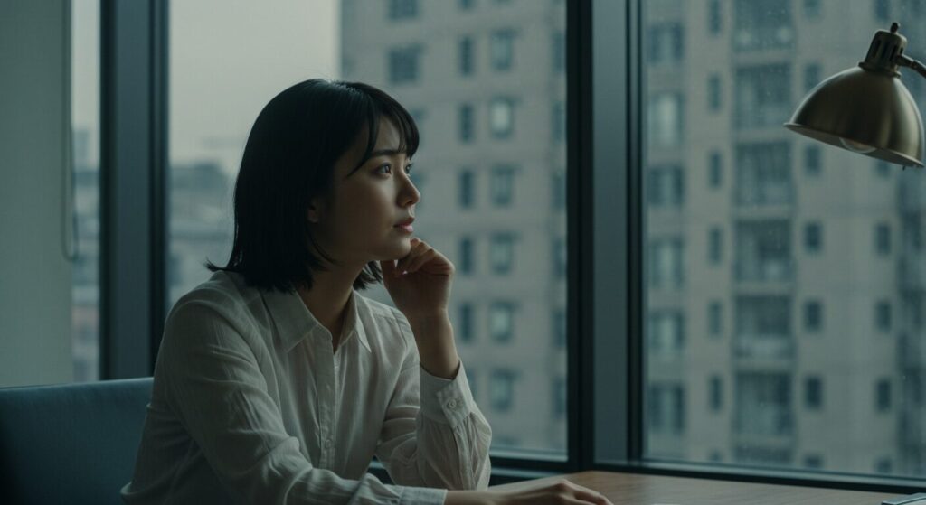 窓際で外を見つめ思索する日本人女性の姿。知性や可能性を感じさせる雰囲気