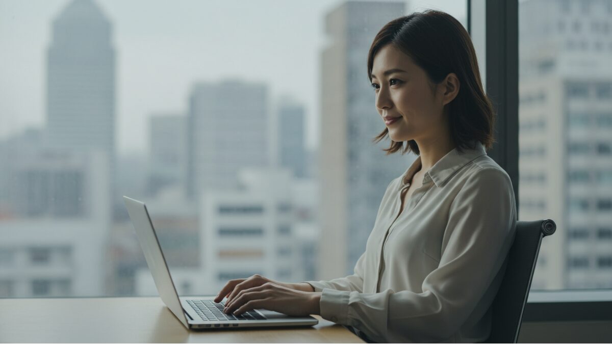 窓際のオフィスでノートパソコンに向かい集中して作業する知的な日本人女性の横顔