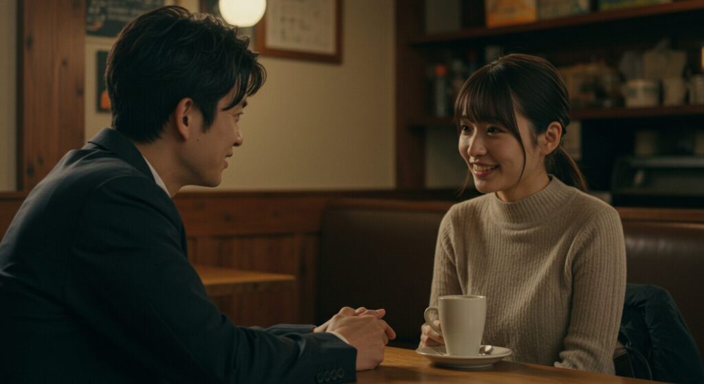 カフェで会話をしながら相手に理解ある笑顔を向ける日本人女性と日本人男性
