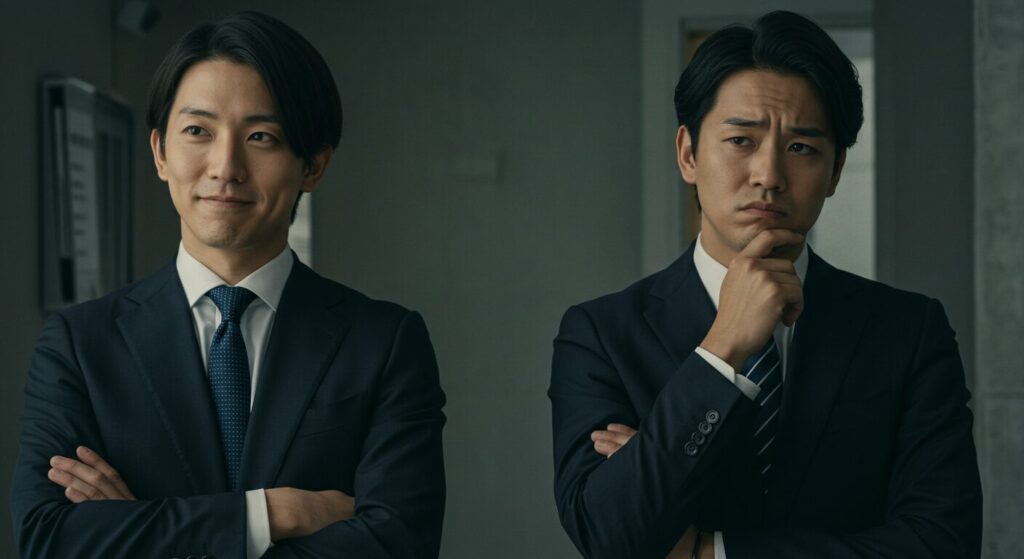 自信ある表情の人と悩む表情の人、二人の日本人ビジネスパーソンの対比