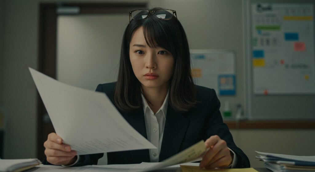 オフィスで真剣に資料を確認する日本人女性の写真