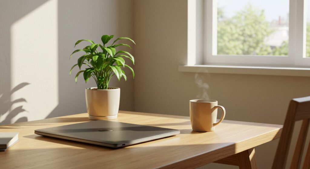 観葉植物とノートパソコン、マグカップが置かれた整った机が、集中できる環境づくりを象徴している
