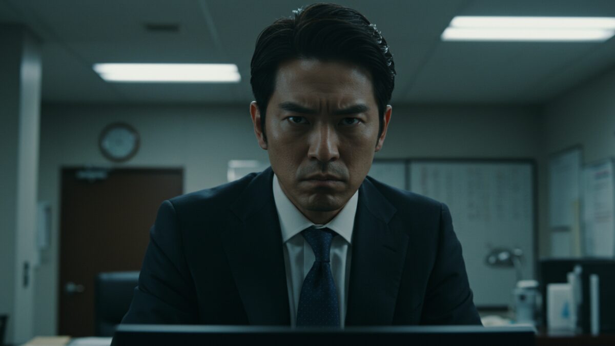職場で部下に対して鋭い視線を送る、敵に回すと怖い人の特徴を持ったスーツ姿の男性。