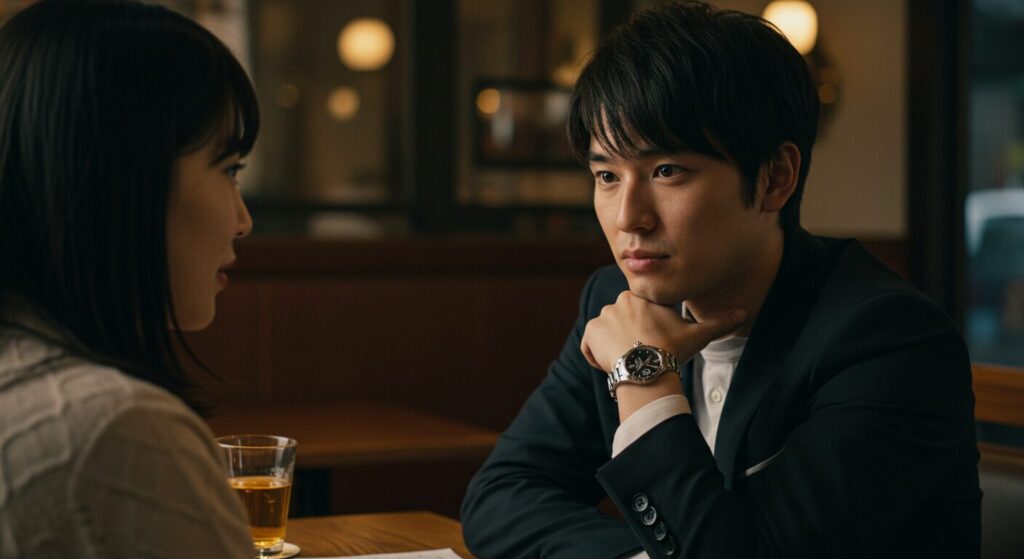 カフェで高級腕時計を見せながら自信があるように振る舞い、劣等感を隠そうとする日本人男性