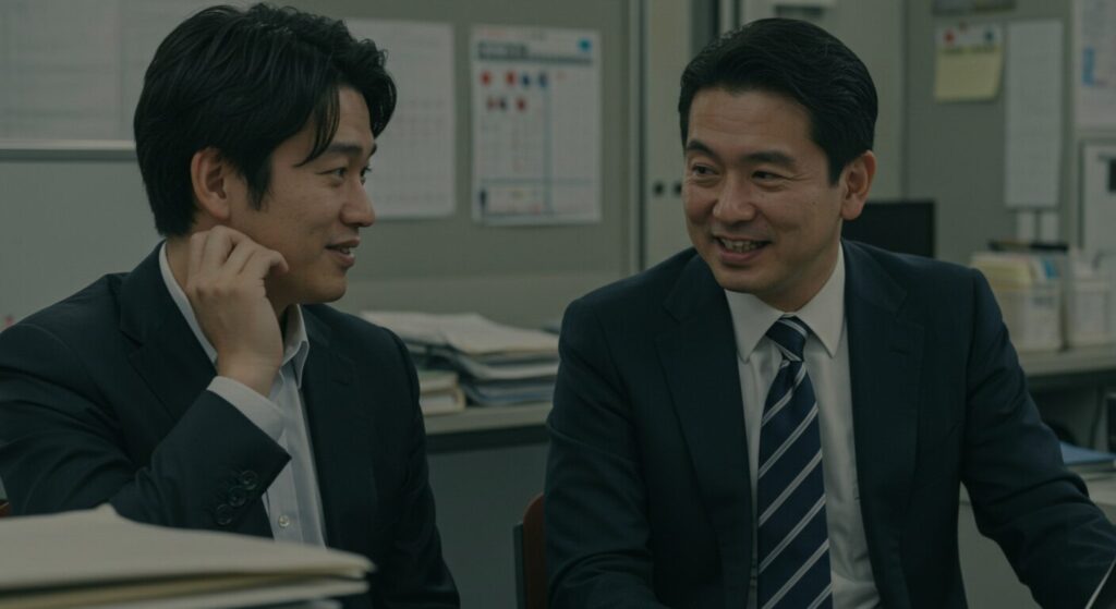 オフィスで日本人男女が会話している。部下の抜けを上司がフォローしている様子。
