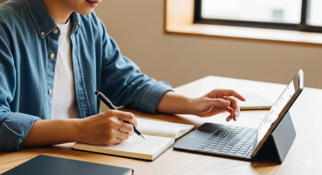 ノートに手書きでメモを取りながら、タブレットで管理している人物