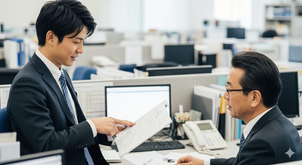 新入社員が上司に資料を指し示しながら説明している。ミスが発生した際の迅速な報告と対応の重要性を示唆。
